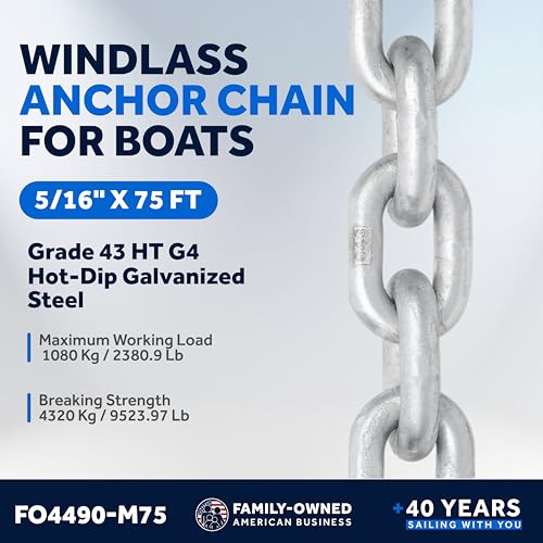 Five Oceans Marine Grade Windlass Anchor Chain 5/16 inch x 75 Ft Steel