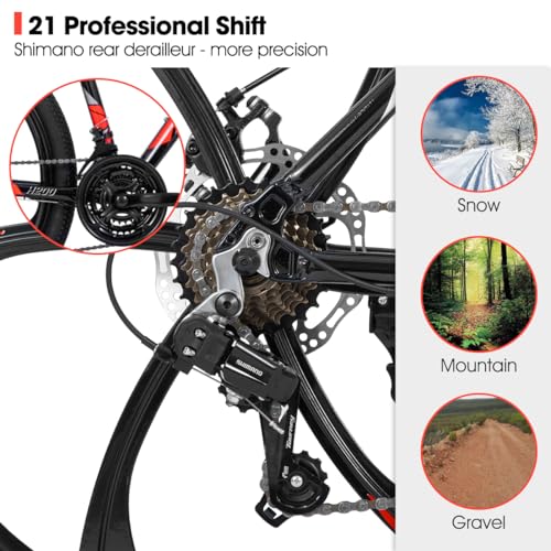 HH HILAND Hiland Mountain Bike, 3/6/Multi-Spokes, Shimano 21 Speeds Drivetrain, Aluminum Frame 26 Inch Wheels, Disc-Brake Bike for Men Women Men's MTB Bicycle 6 Black