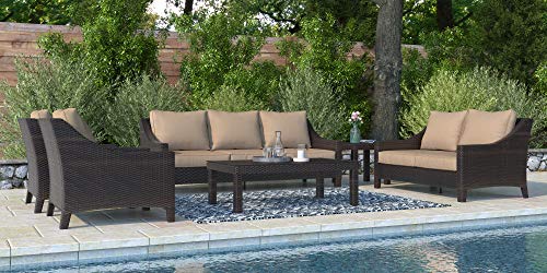 Serta Tahoe Brown Resin Wicker Outdoor Patio Loveseat with Thick Cushion