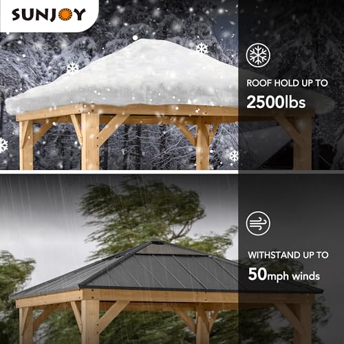 Sunjoy Hardtop Gazebo 11x11 ft Cedar Frame Black Steel Polycarbonate Roof Black + Natural Wood