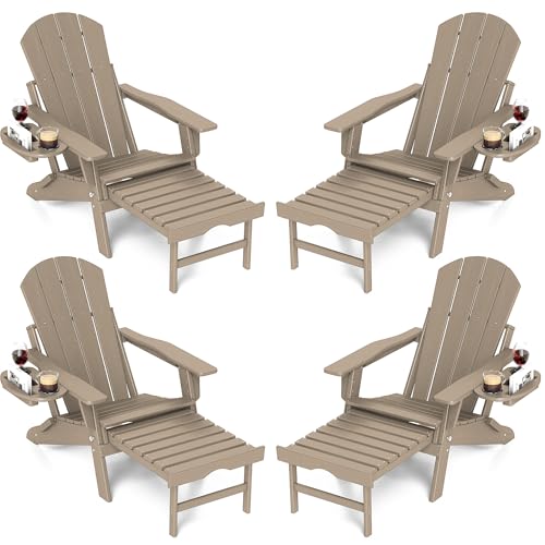 FOOWIN Adirondack Chair with Retractable Ottoman, Adjustable HDPE Folding Chair Set of 4, All-Weather Resistant, Brown