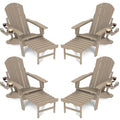 FOOWIN Adirondack Chair with Retractable Ottoman, Adjustable HDPE Folding Chair Set of 4, All-Weather Resistant, Brown