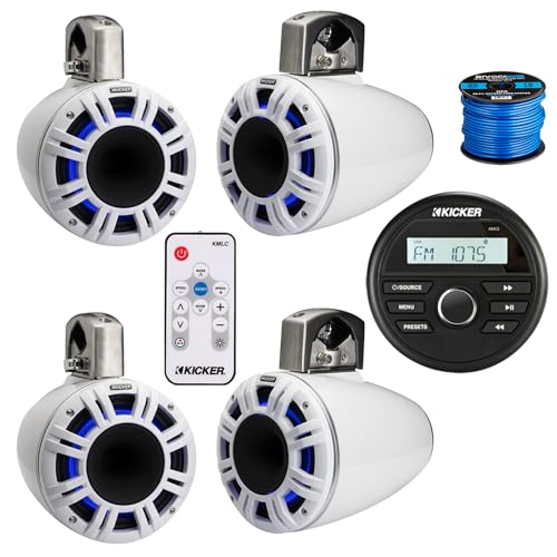 KICKER All-Weather Marine Media Center Receiver with 4X 6.5" 300W LED Speakers and Remote, White