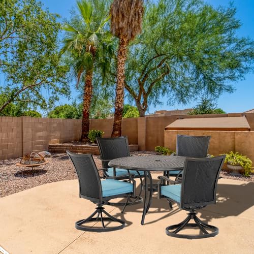 Hanover 5-Piece Outdoor Patio Dining Set for 4 with Cushioned Wicker Rocker Chairs and 48" Round Table Blue
