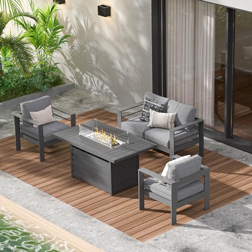 Wisteria Lane 4-Piece Aluminum Patio Furniture Set with 54-Inch Propane Fire Pit Table Dark Grey
