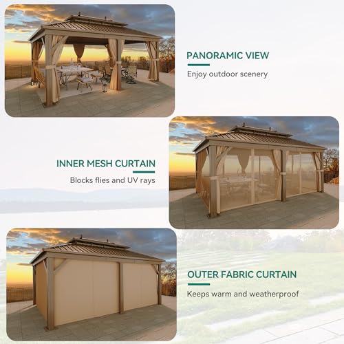 YITAHOME 12x18ft Hardtop Gazebo Heavy Duty with Nettings and Curtains Bronze