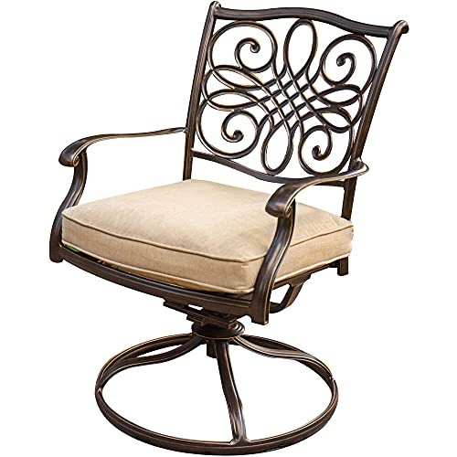 Hanover Monaco 7-Piece Outdoor Patio Dining Set with 6 Cushioned Swivel Rocker Chairs, 60" Round Table, Umbrella & Base, Tan