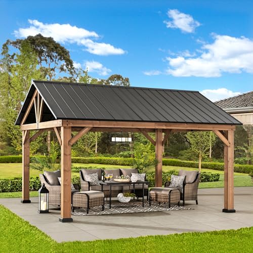Sunjoy 13x15 ft Wood Gazebo with Black Steel Hardtop Roof and Natural Cedar Frame