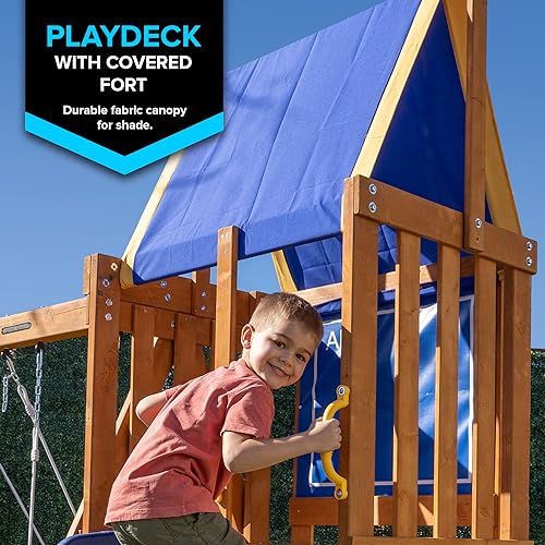 Sportspower North Peak Wooden Swing Set with A-Frame & Slide Yellow/Blue