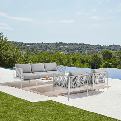 Armen Living Rhodes Outdoor Patio 4 Piece Conversation Set Aluminum Sintered Stone Light Gray