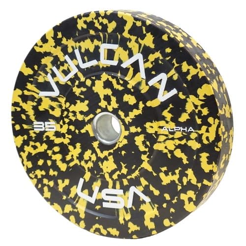 VULCAN 160 lb Alpha Bumper Plate Set Yellow Fleck Green Fleck Grey Fleck