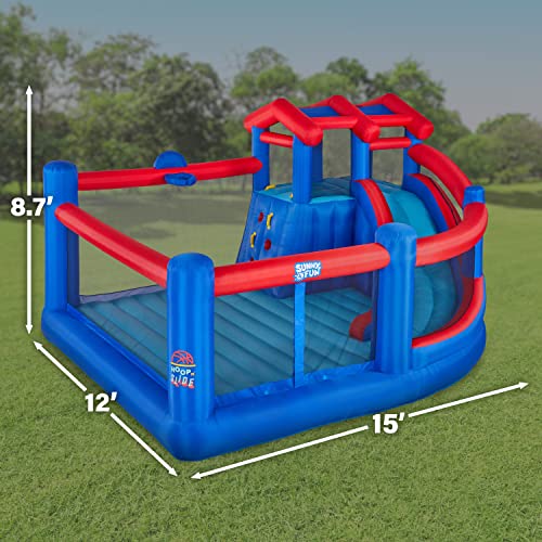 SUNNY & FUN Inflatable Hoop N’ Slide Park with Climbing Wall & Basketball Hoop Blue/Red