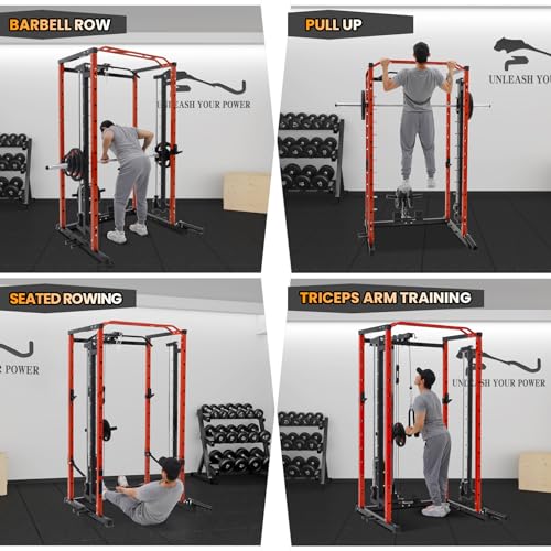 GarveeLife Power Cage SmithBar Rack 1600 LBS with LAT Pulldown & Cable System Red