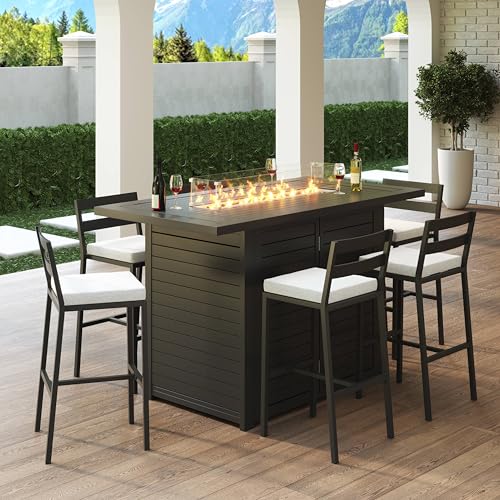 LeisureMod Chelsea Collection Aluminum Outdoor Dining Set with Fire Pit Table and 6 Bar Chairs Beige