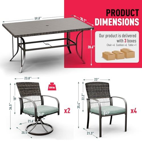 Pamapic 7 Piece Rattan Outdoor Dining Set with Iron Table and Swivel Chairs Green