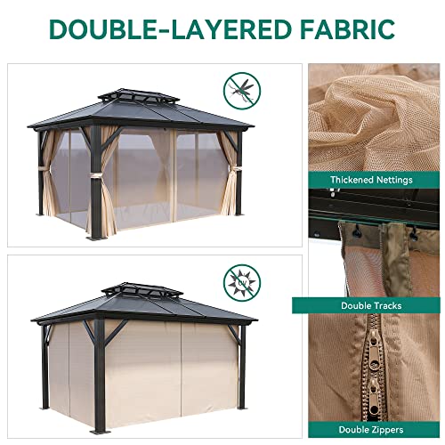 YITAHOME 10x12FT Hard-Top Double Roof Gazebo Canopy with Netting and Curtains Brown