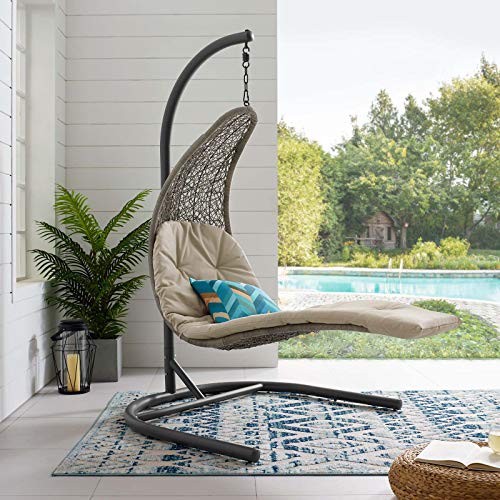 Modway Landscape Wicker Rattan Outdoor Patio Porch Chaise Lounge Swing Chair Set with Stand Light Gray Beige