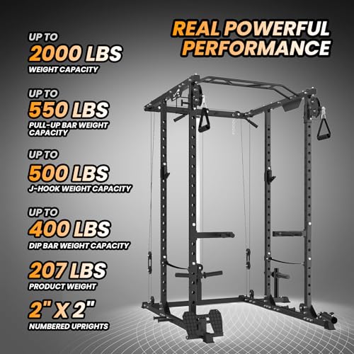 Flarhetoric Power Cage 2000 Lbs Squat Rack with Cable System & LAT Pull Down, Black