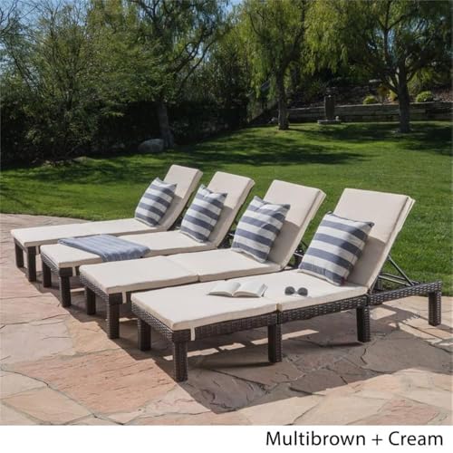 Noble House Jamaica Multi-Brown Wicker Chaise Lounge with Cream Cushion (Set of 4)