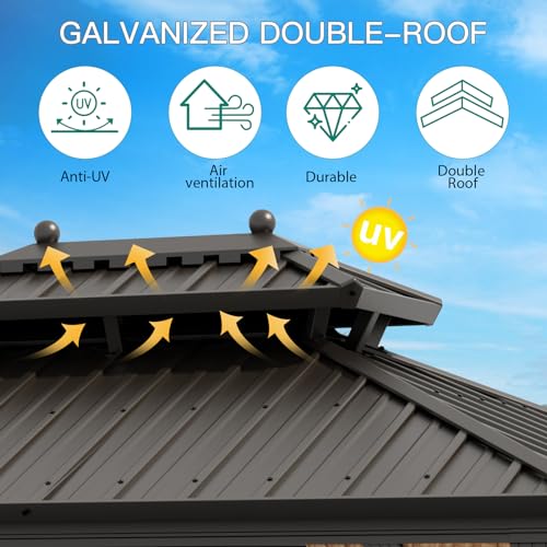 GAOMON Hardtop Gazebo 10x13ft with Nettings and Curtains, Heavy Duty Double Roof for Patio, Backyard, Deck, Lawn Brown