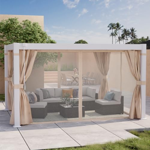 COSIEST 10'×13' Louvered Aluminum Pergola with Adjustable Roof & Curtains White