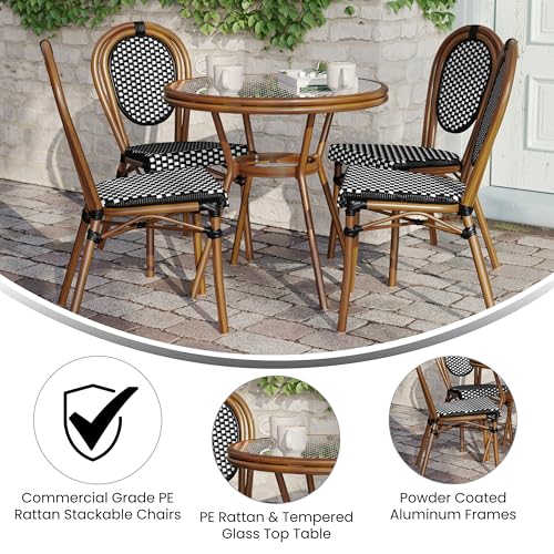 EMMA + OLIVER Colmar Indoor/Outdoor Bistro Set Black & White Rattan/Natural Frame