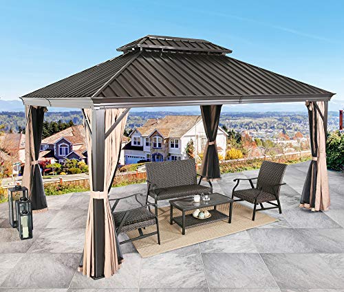 Patio Tree 10' x 12' Hardtop Aluminum Gazebo with Mosquito Net and Privacy Sidewalls