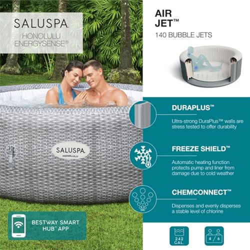 Bestway Coleman Honolulu AirJet Inflatable Hot Tub with EnergySense Cover & 4-Pack SaluSpa Non-Slip Spa Seat Gray