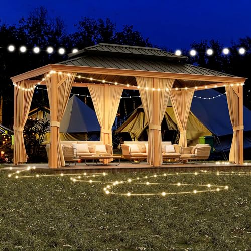 GAOMON 12x20ft Hardtop Gazebo with Netting and Curtains Wood Grain