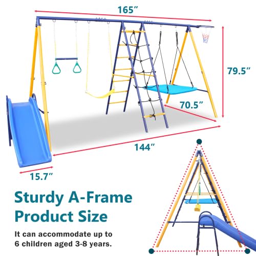 HaoKang 7-in-1 Outdoor Metal Swing Set with Slide & Accessories Blue