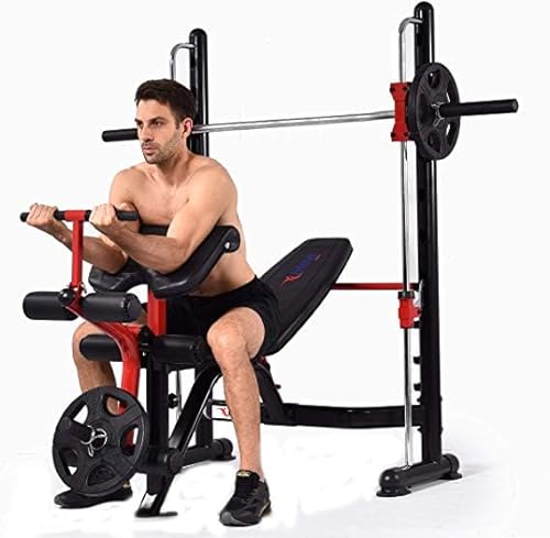 MiM USA Adjustable Olympic Weight Bench Press Set with Leg Extension, Preacher Curl, Squat Rack w/Smith Structure - Black Red