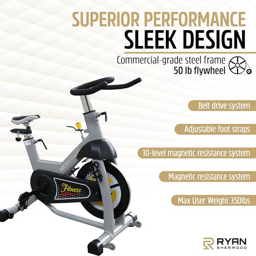 R RYAN SHERWOOD Exercise Spin Bike Commercial for Gym (50 lb Flywheel) 350 lb Capacity - Grey