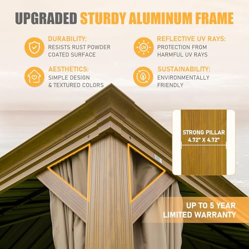 LOPOO Outdoor Living Hardtop Gazebo Metal Structure with Double Roof & Curtains Yellow Brown