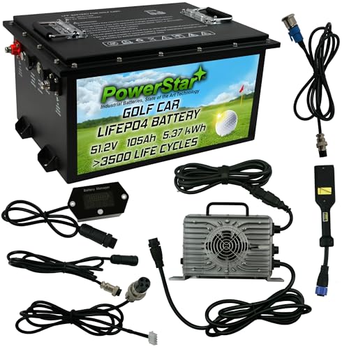 PowerStar 48V 105AH LiFePO4 Lithium Battery Bundle + Charger for EZGO TXT Golf Carts Black