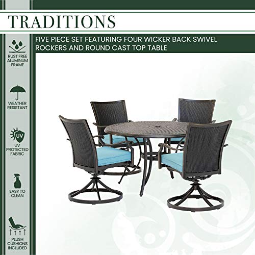 Hanover 5-Piece Outdoor Patio Dining Set for 4 with Cushioned Wicker Rocker Chairs and 48" Round Table Blue