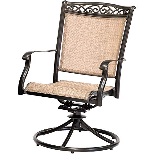 Hanover Fontana 3-Piece Bistro Set with Tan PVC Sling Swivel Rocker Chairs and 32" Round Cast-Top Table