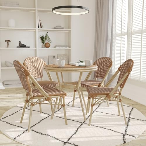 EMMA + OLIVER Colmar Indoor/Outdoor Bistro Set Natural & White Rattan with Light Natural Frame