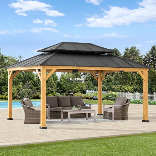 Sunjoy 12x16 ft Wood Gazebo Outdoor Patio Cedar Framed Steel Hardtop Dark Brown + Natural Wood