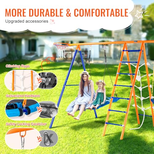VEVOR 6-in-1 Swing Set with Swings, Trapeze, Ladder, Net & Hoop Blue/Orange