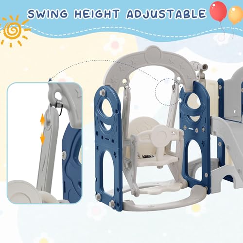 KOZYSFLER 8-in-1 Toddler Slide and Swing Set with Basketball Hoop Grey/Blue/White