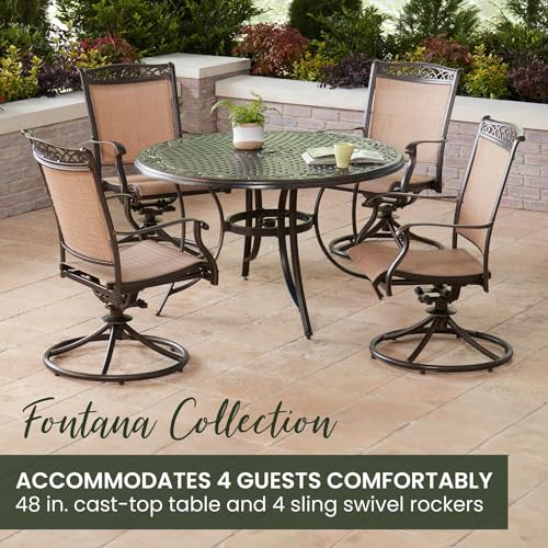 Hanover Fontana 5-Piece Patio Dining Set with Tan Sling Swivel Rocker Chairs and 48" Round Table