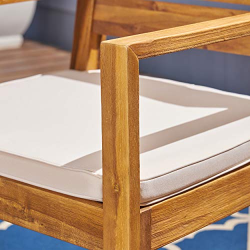 Great Deal Furniture GDFStudio Outdoor 6-Seater Acacia Wood Dining Set Sandblast Natural Stained + Cream