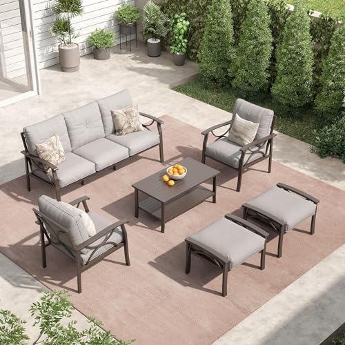 RoyalCraft 6 Piece Outdoor Patio Furniture Set with Coffee Table and Ottomans Grey