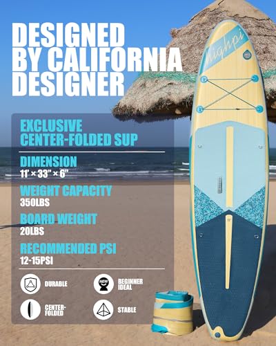 Highpi Inflatable Stand Up Paddle Board 11'x33''x6'' Vertically Center-Folded SUP Blue Wood