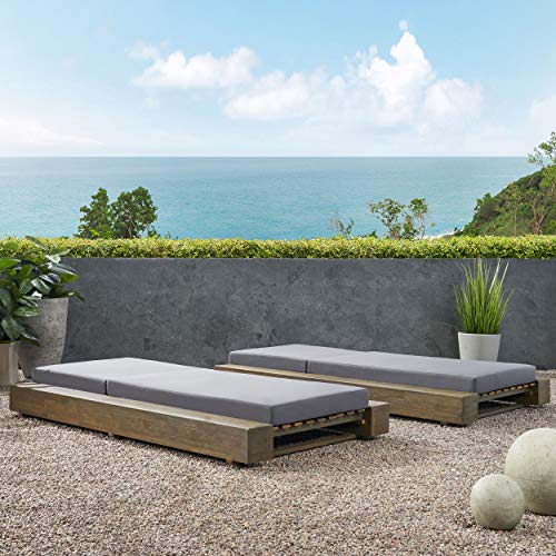Great Deal Furniture Outdoor Acacia Wood Chaise Lounge Set of 2 Sandblast Gray Finish, Dark Gray