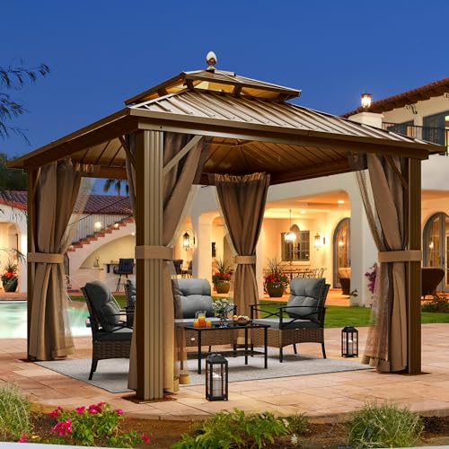 YITAHOME 10x10ft Hardtop Gazebo with Nettings and Curtains Bronze