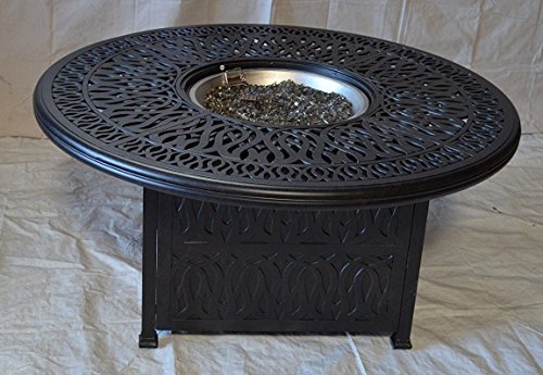 theWorldofpatio Grand Tuscany 7pc Outdoor Patio Dining Set with 52" Round Firegas Table and Sunbrella Cushions Antique Bronze