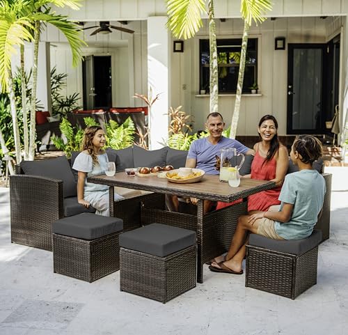 Nestl 7-Piece Wicker Outdoor Furniture Set Brown Frame/Grey Cushions