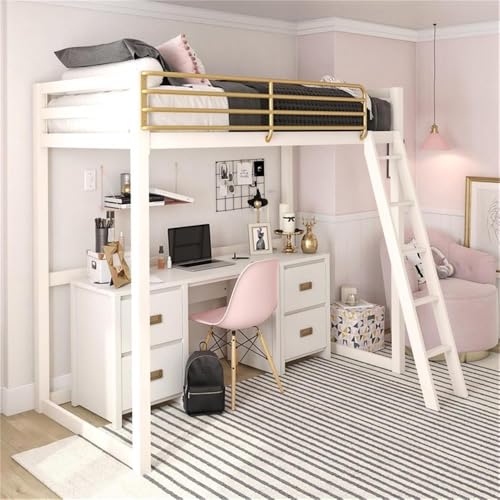 Home Square 2-Piece Kids Nightstand & Twin Metal Loft Bed Set White