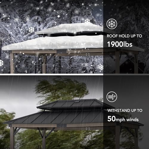 Sunjoy Wooden Grill Gazebo 8x12 ft Steel Hardtop Solar Power Outdoor Cooking Shelter Black